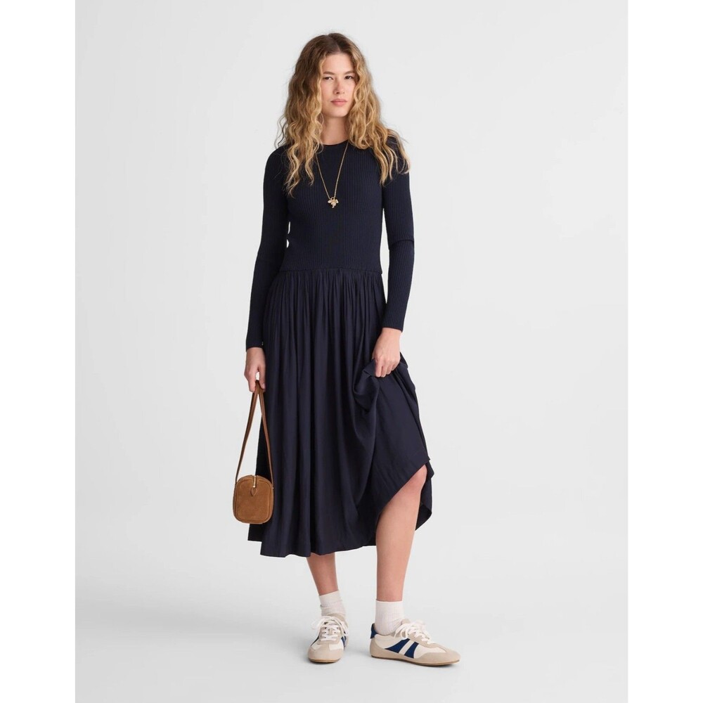 MADEWELL Ribbed Crewneck Midi Dress L Navy Blue Long Sleeve Fit & Flare NWT B9